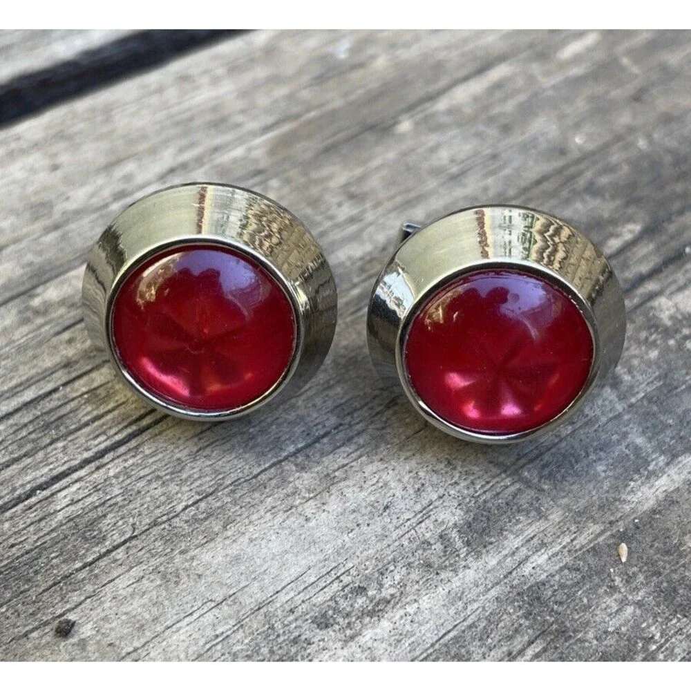 Red Domed Glass Cufflinks Star Swank Stone Gem Jewel Round Silver Tone 7/8”‎